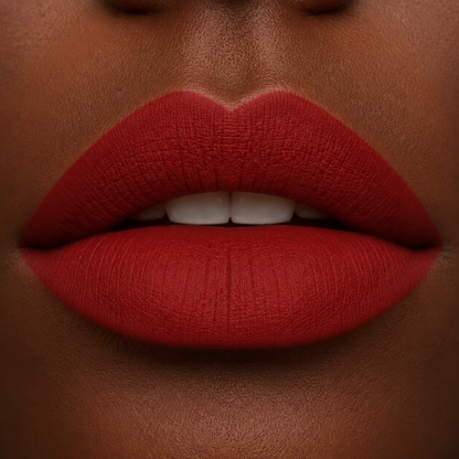 A detailed close up view of full lips on a deep skin tone wearing Hello Biscuit Beauty My Maria matte lipstick, a deep burnt red shade with a smooth velvet matte finish