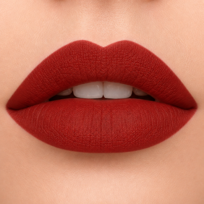 A detailed close up view of full lips wearing Hello Biscuit Beauty My Maria matte lipstick, a deep burnt red shade with a velvet matte finish