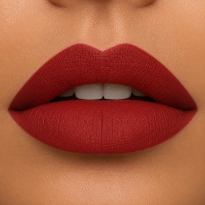 A detailed close up view of full lips on a warm skin tone wearing Hello Biscuit Beauty My Maria matte lipstick, a deep burnt red shade with a smooth velvet matte finish