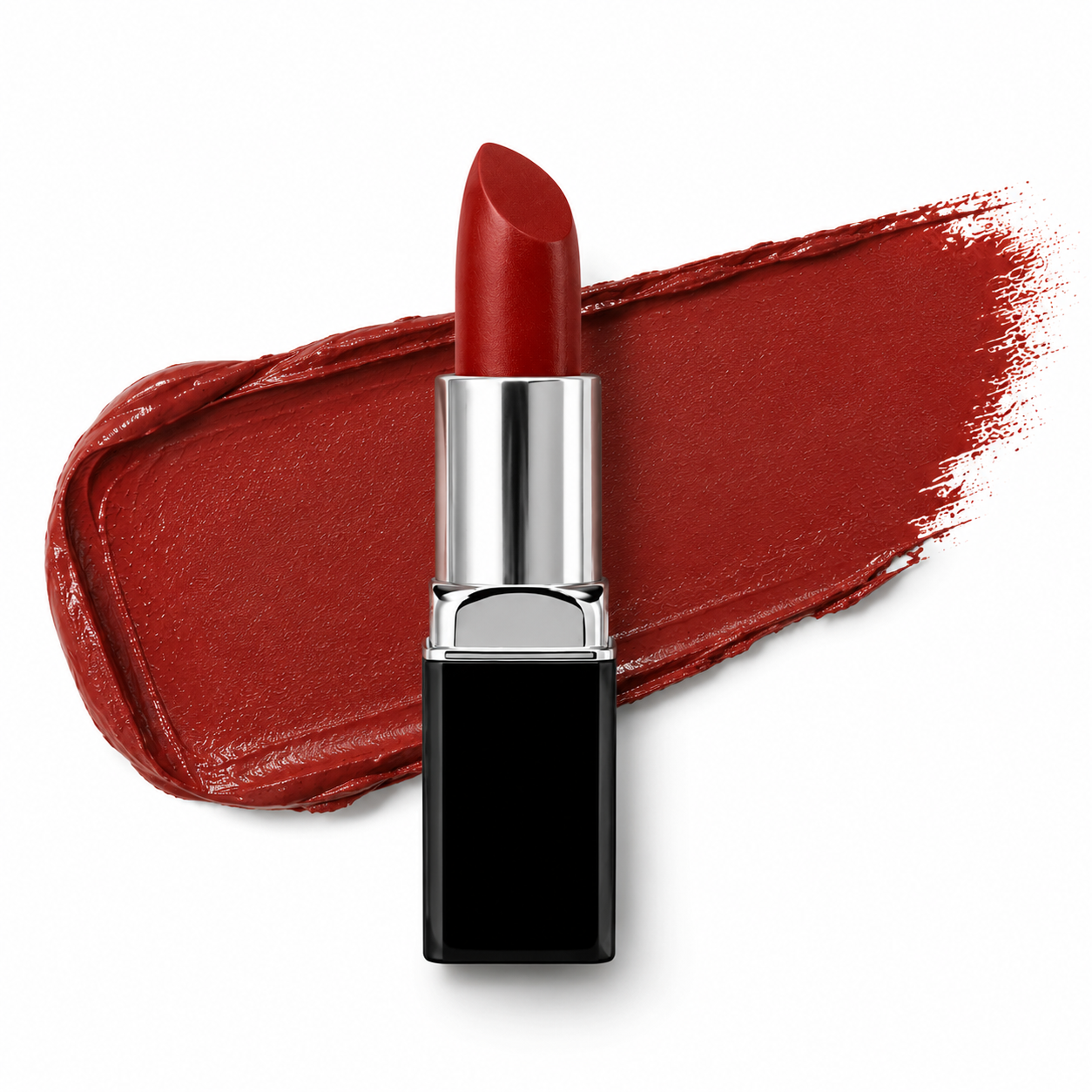 A tube of Hello Biscuit Beauty My Maria matte lipstick standing in front of a smooth texture swipe of the deep burnt red shade on a white background.