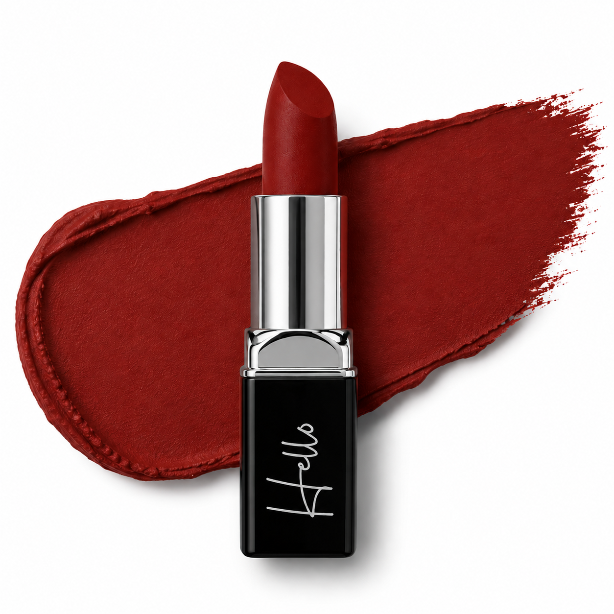An open tube of Hello Biscuit Beauty My Maria matte lipstick rolled up to reveal the deep burnt red shade against a matching textured velvet lipstick swipe