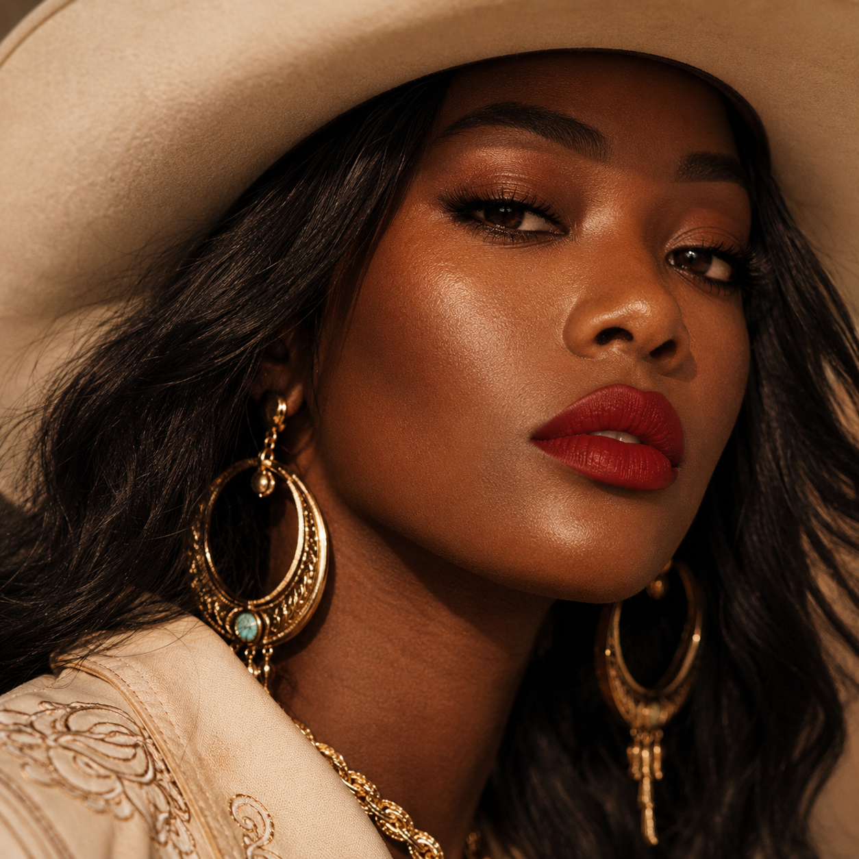 A stunning close up portrait of a woman in a western cowboy hat and gold hoop earrings wearing Hello Biscuit Beauty My Maria matte lipstick, a rich deep burnt red shade.