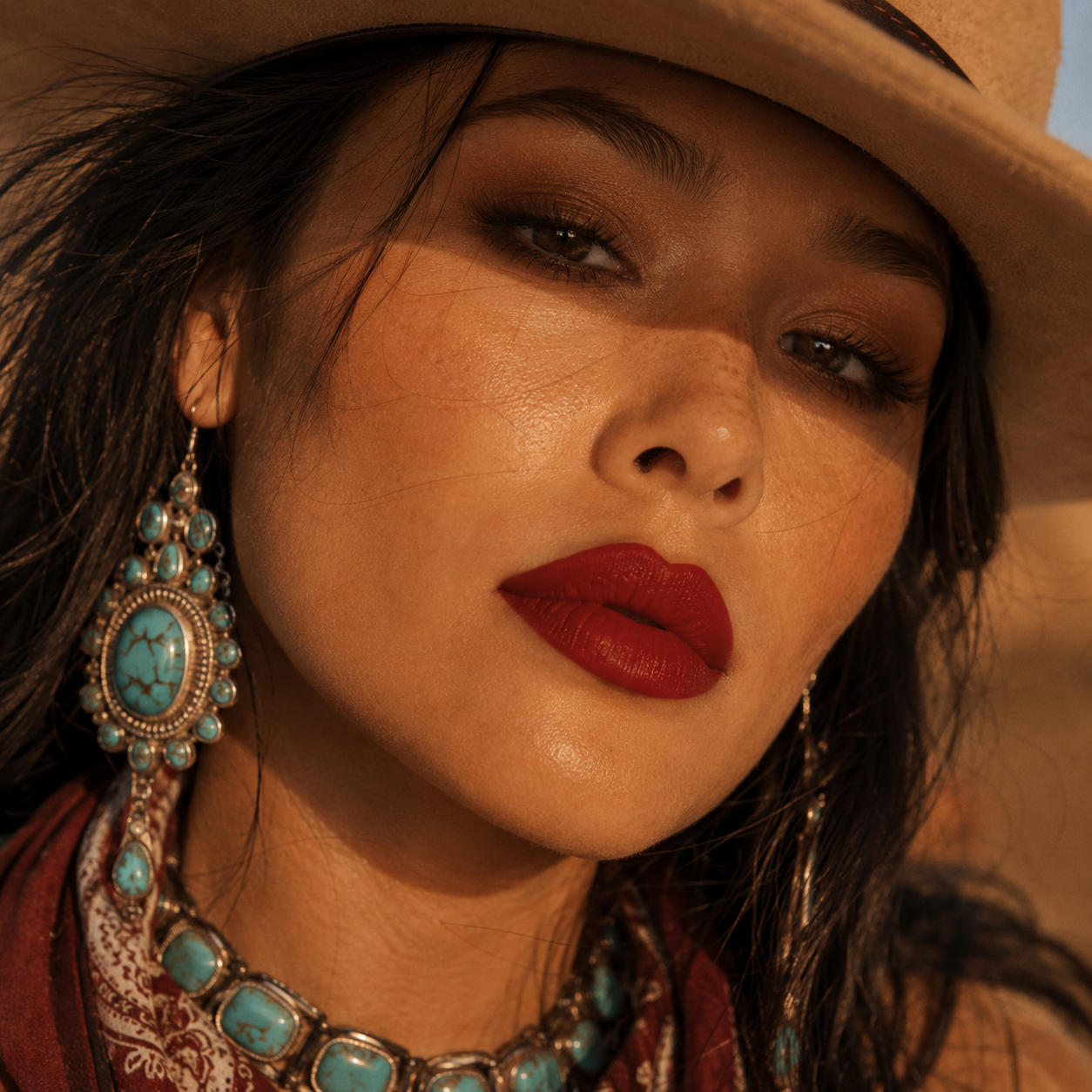 A close up golden hour portrait of a woman wearing a cowboy hat and large turquoise earrings, showcasing the rich deep burnt red shade of My Maria matte lipstick.