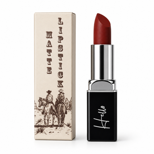 An open tube of Hello Biscuit Beauty My Maria matte lipstick standing next to its custom white product box featuring a western illustration of cowboys riding horses on a white background