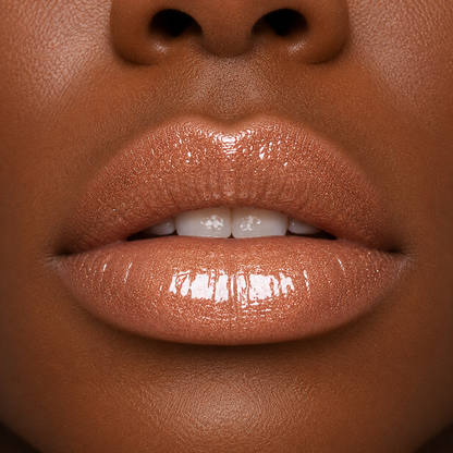 A detailed close up macro view of a model with a deep skin tone wearing the high shine Hello Biscuit Beauty Palomino Sparkly Mocha Lip Gloss showing a radiant pink shimmer