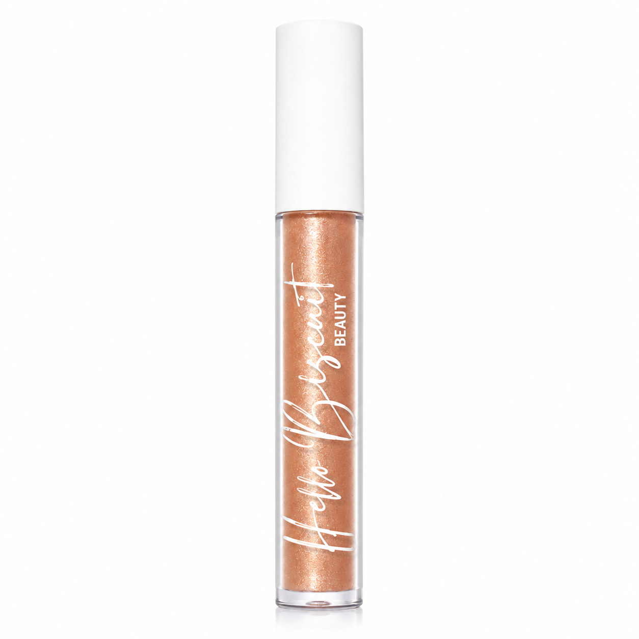 A clear tube of Hello Biscuit Beauty Palomino Sparkly Mocha Lip Gloss showcasing the shimmering mocha liquid formula and white logo on a white background