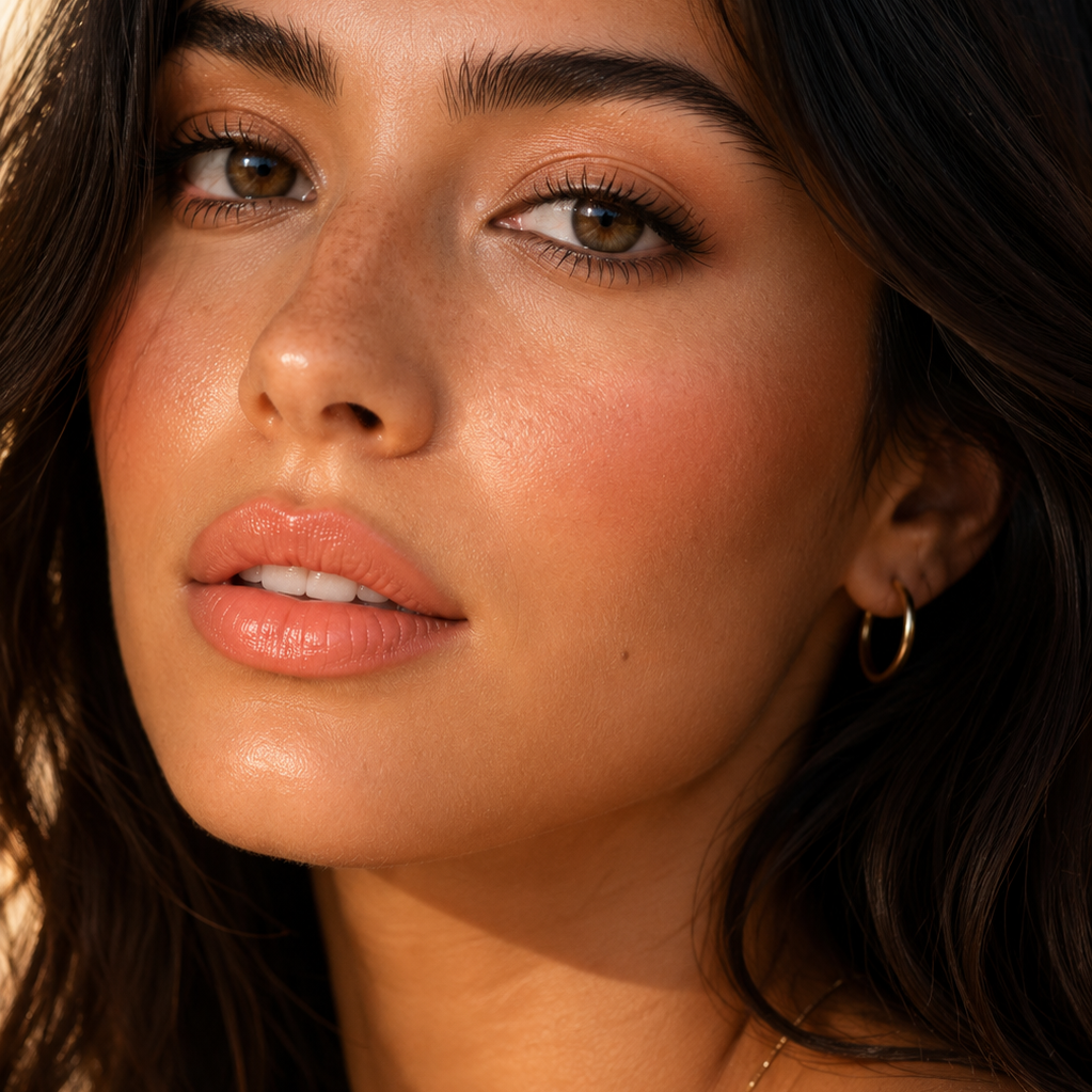 A close up beauty portrait of a woman with dark hair and a soft smile, showcasing the warm peach pink shade of Hello Biscuit Beauty Peach Tea creme lipstick