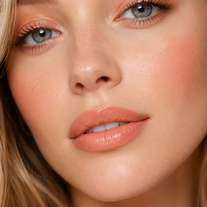 A close up beauty portrait of a blonde woman with soft natural makeup, showcasing the warm peach pink shade of Hello Biscuit Beauty Peach Tea creme lipstick
