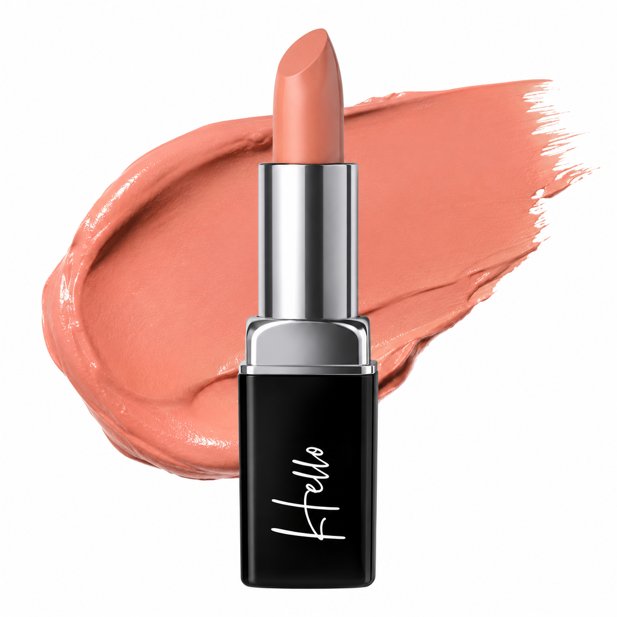 An open tube of Hello Biscuit Beauty Peach Tea creme lipstick rolled up to reveal the warm peach pink shade against a matching creamy full coverage lipstick swipe