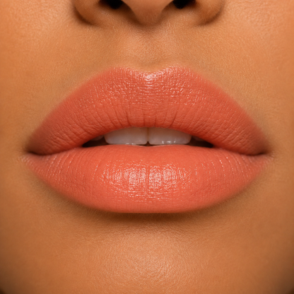 A detailed close up view of full lips wearing Hello Biscuit Beauty Peach Tea creme lipstick, a warm peach pink shade with a smooth luminous finish