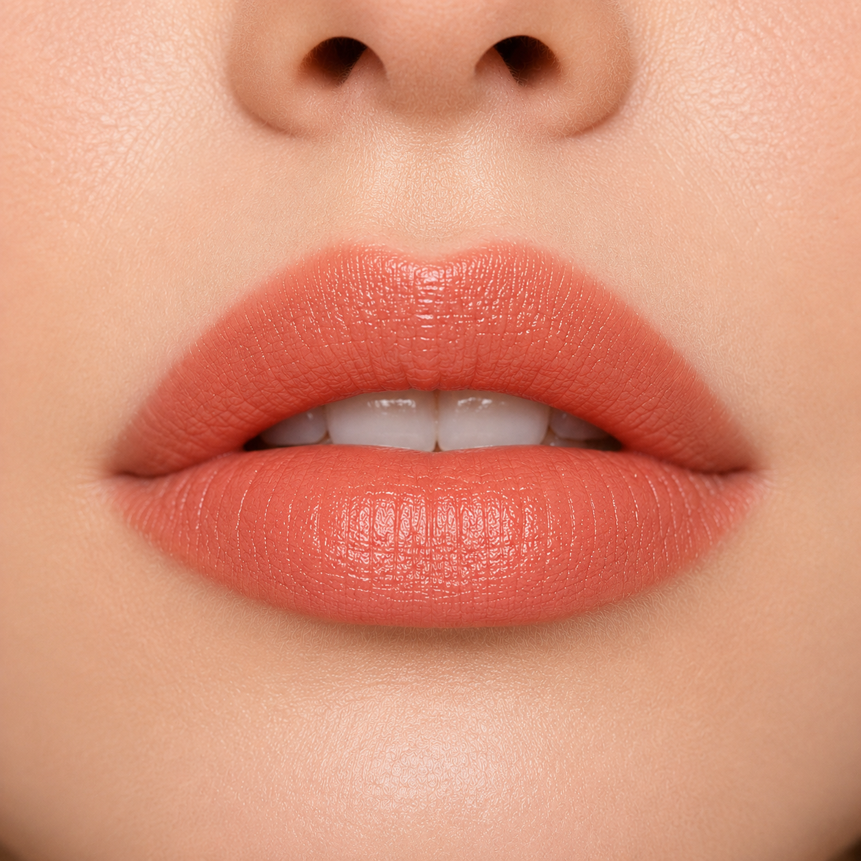 A detailed close up view of full lips wearing Hello Biscuit Beauty Peach Tea creme lipstick, a warm peach pink shade with a smooth luminous finish