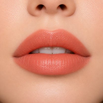 A detailed close up view of full lips wearing Hello Biscuit Beauty Peach Tea creme lipstick, a warm peach pink shade with a smooth luminous finish
