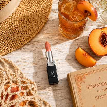 An open tube of Hello Biscuit Beauty Peach Tea creme lipstick on a wooden table next to a glass of iced tea, fresh peach slices, a straw hat, and a vintage book