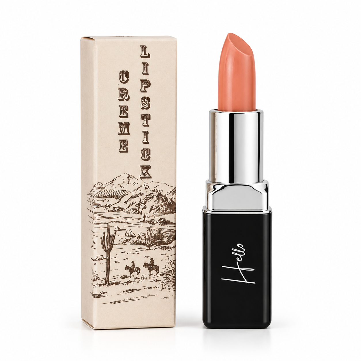 An open tube of Hello Biscuit Beauty Peach Tea creme lipstick standing next to its custom box featuring a vintage western desert illustration of cowboys on a white background