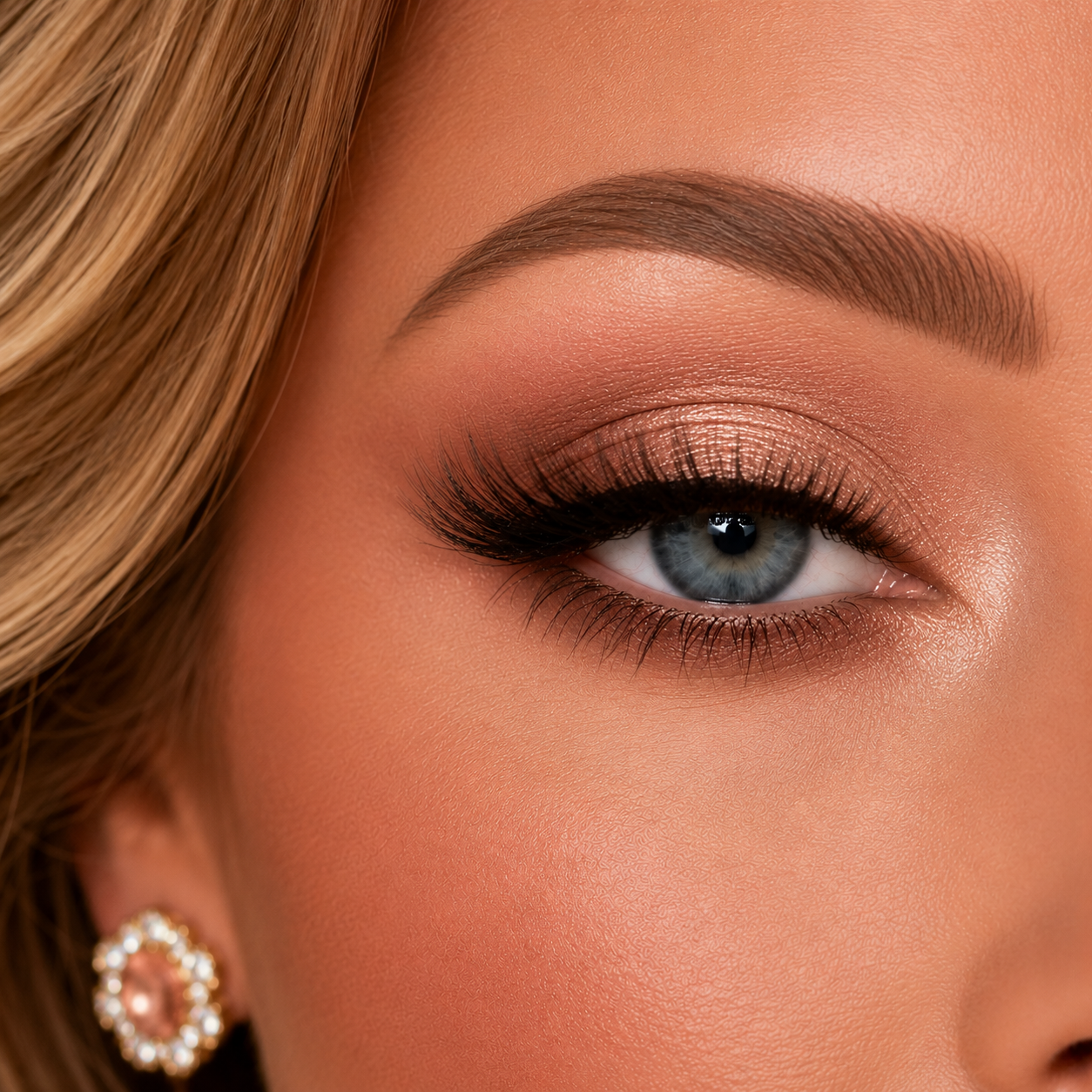 A detailed close up macro view of a romantic eye makeup look featuring the radiant pink satin shimmer and peach nude shades from the Hello Biscuit Beauty Queens of Country Eye Shadow Palette