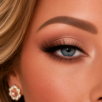 A detailed close up macro view of a romantic eye makeup look featuring the radiant pink satin shimmer and peach nude shades from the Hello Biscuit Beauty Queens of Country Eye Shadow Palette