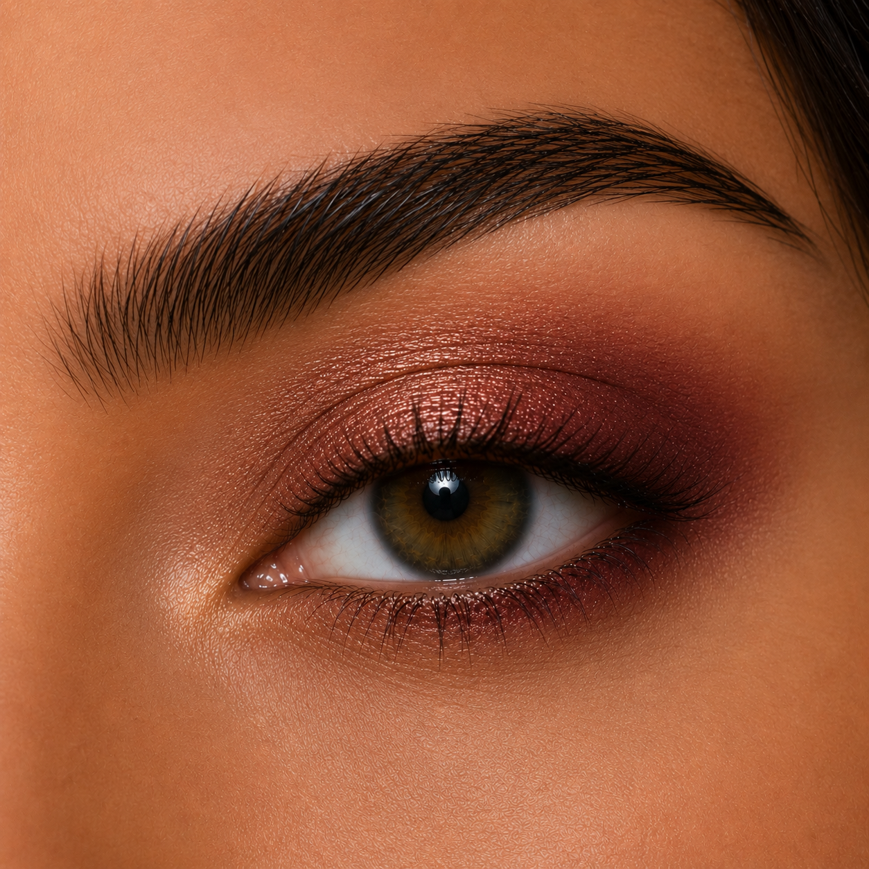 A detailed close up macro view of a warm smokey eye makeup look featuring the grounding matte brown and metallic golden brown shades from the Hello Biscuit Beauty Queens of Country Eye Shadow Palette