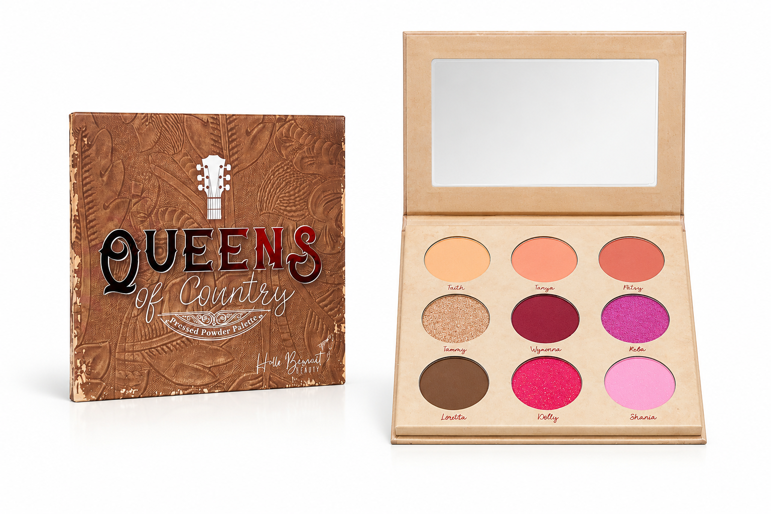 An open Hello Biscuit Beauty Queens of Country Eye Shadow Palette revealing nine colorful shades next to its closed custom brown western embossed packaging with a guitar design on a white background