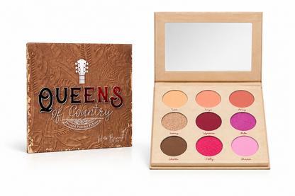 An open Hello Biscuit Beauty Queens of Country Eye Shadow Palette revealing nine colorful shades next to its closed custom brown western embossed packaging with a guitar design on a white background