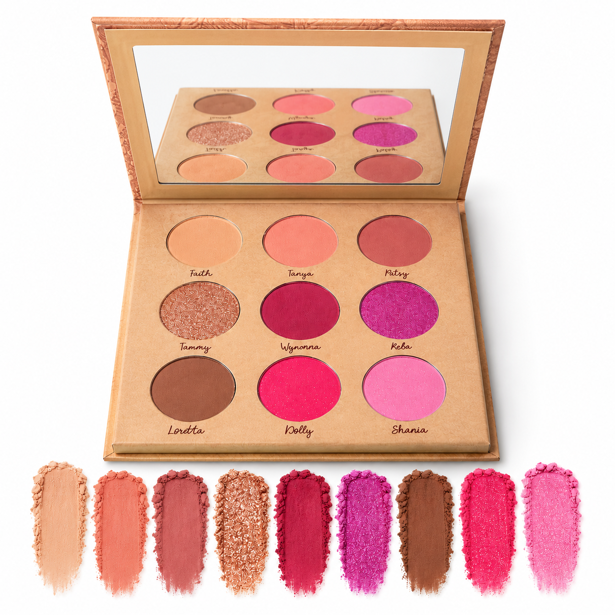 n open Hello Biscuit Beauty Queens of Country Eye Shadow Palette displayed above nine corresponding textured powder makeup swatches showing the matte and shimmer finishes on a white background