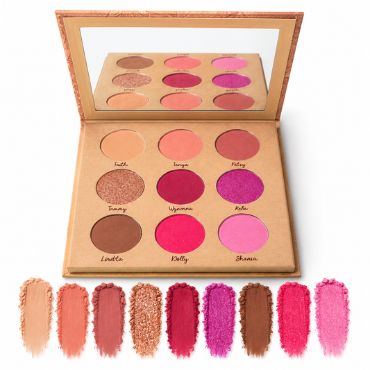 n open Hello Biscuit Beauty Queens of Country Eye Shadow Palette displayed above nine corresponding textured powder makeup swatches showing the matte and shimmer finishes on a white background