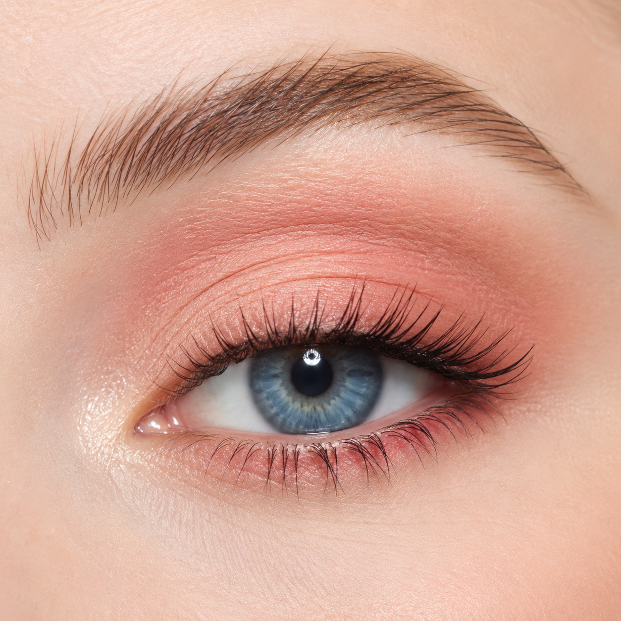 A detailed close up macro view of a soft eye makeup look featuring the sweet matte baby pink shade from the Hello Biscuit Beauty Queens of Country Eye Shadow Palette