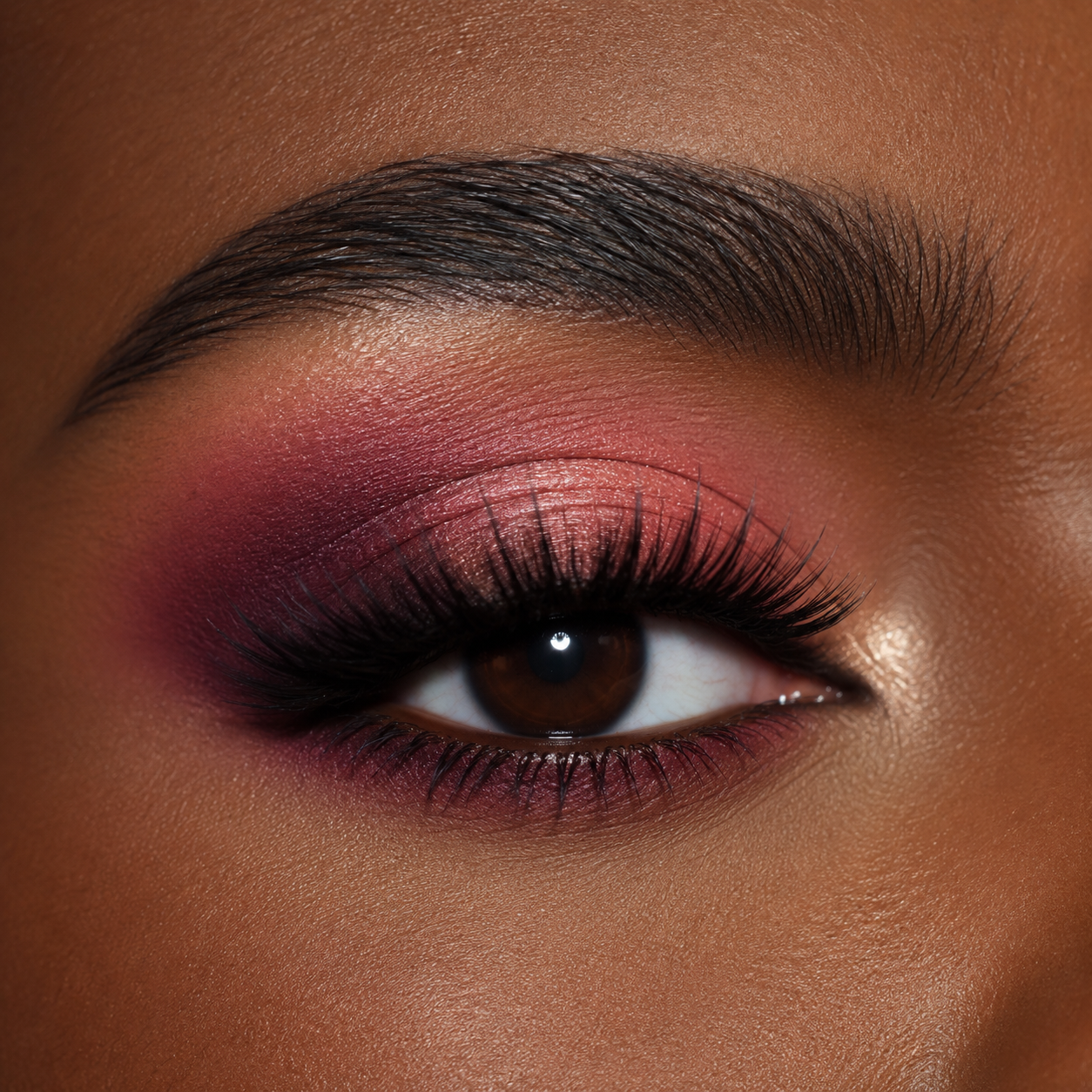 A detailed close up macro view of a dramatic eye makeup look on a deep skin tone featuring the matte burnt red shade from the Hello Biscuit Beauty Queens of Country Eye Shadow Palette
