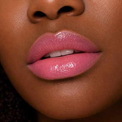 A detailed close up macro view of a model with a deep skin tone wearing the high shine Hello Biscuit Beauty Strawberry Wine Lip Gloss