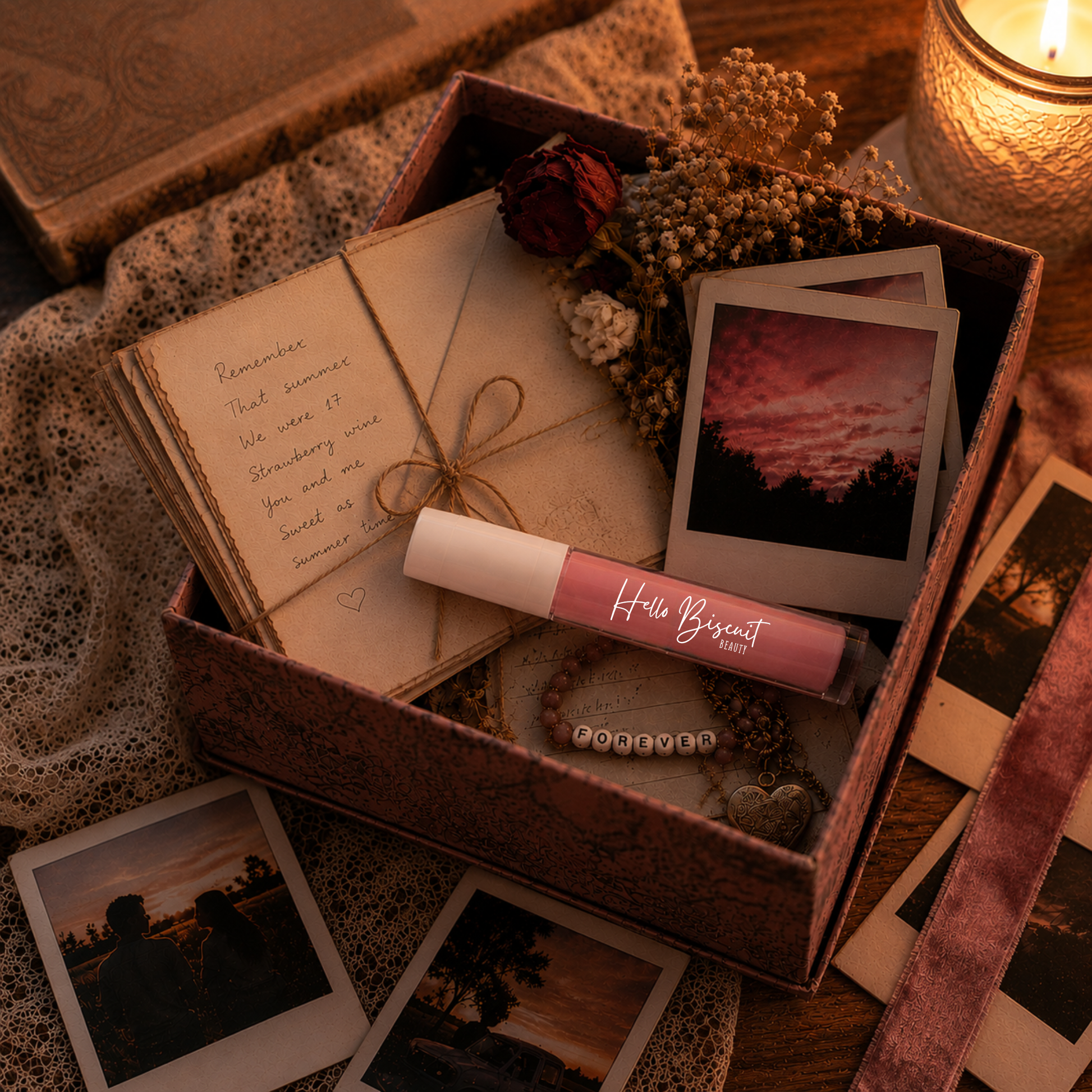 A clear tube of Hello Biscuit Beauty Strawberry Wine Lip Gloss inside an open vintage keepsake box next to a handwritten love letter and polaroid photos