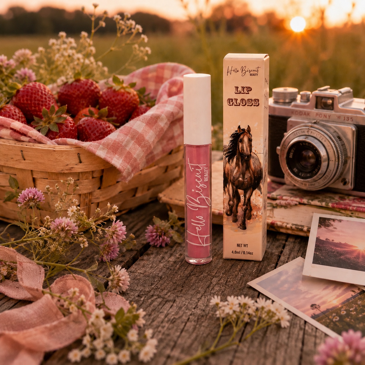 A clear tube of Hello Biscuit Beauty Strawberry Wine Lip Gloss and custom horse packaging box styled on a rustic wooden table next to a basket of strawberries and a vintage camera at golden hour
