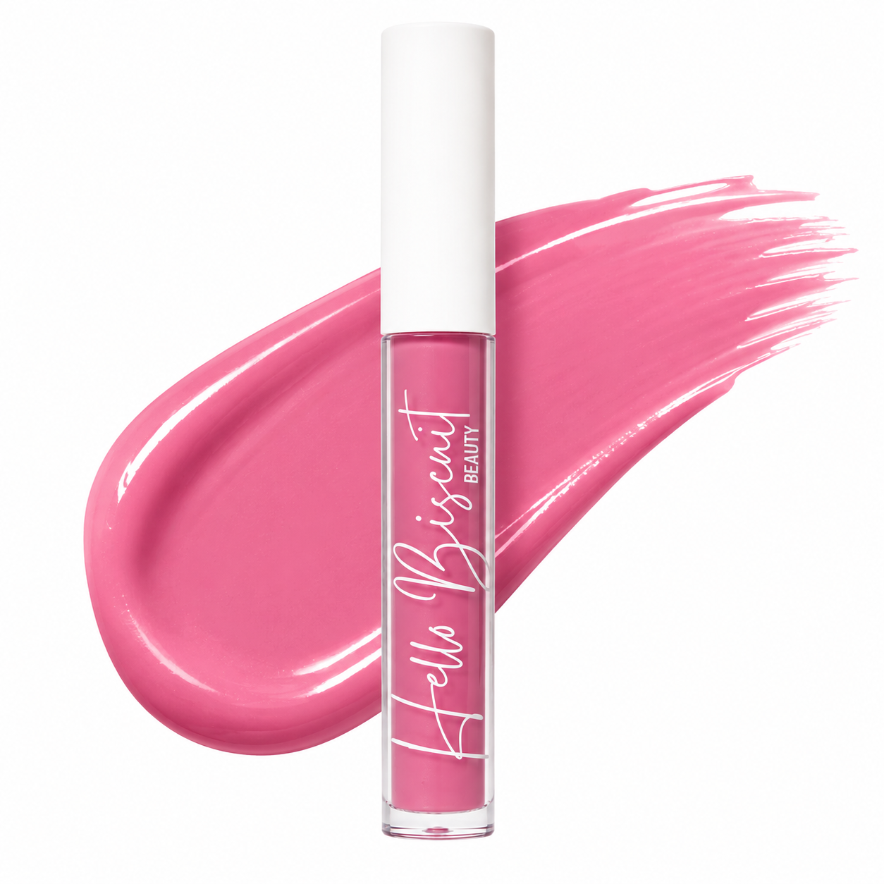 A standing clear tube of Hello Biscuit Beauty Strawberry Wine Lip Gloss placed over a large thick and smooth soft pink liquid makeup swatch on a white background