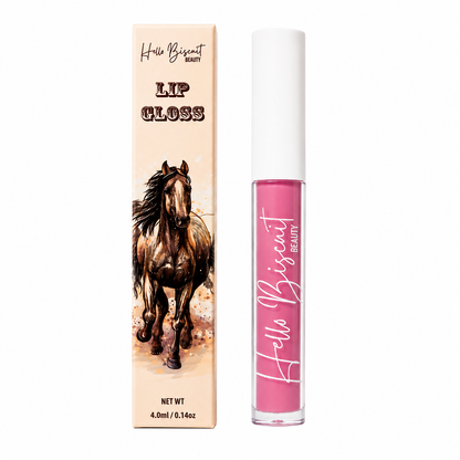 A clear tube of Hello Biscuit Beauty Strawberry Wine Lip Gloss standing next to its custom packaging box featuring a detailed brown horse illustration on a white background