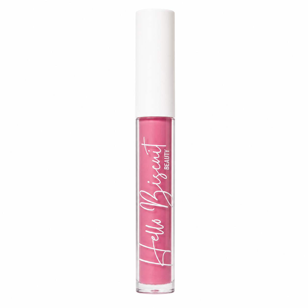 A standing clear tube of Hello Biscuit Beauty Strawberry Wine Lip Gloss showcasing the vibrant soft pink formula and white script logo on a white background