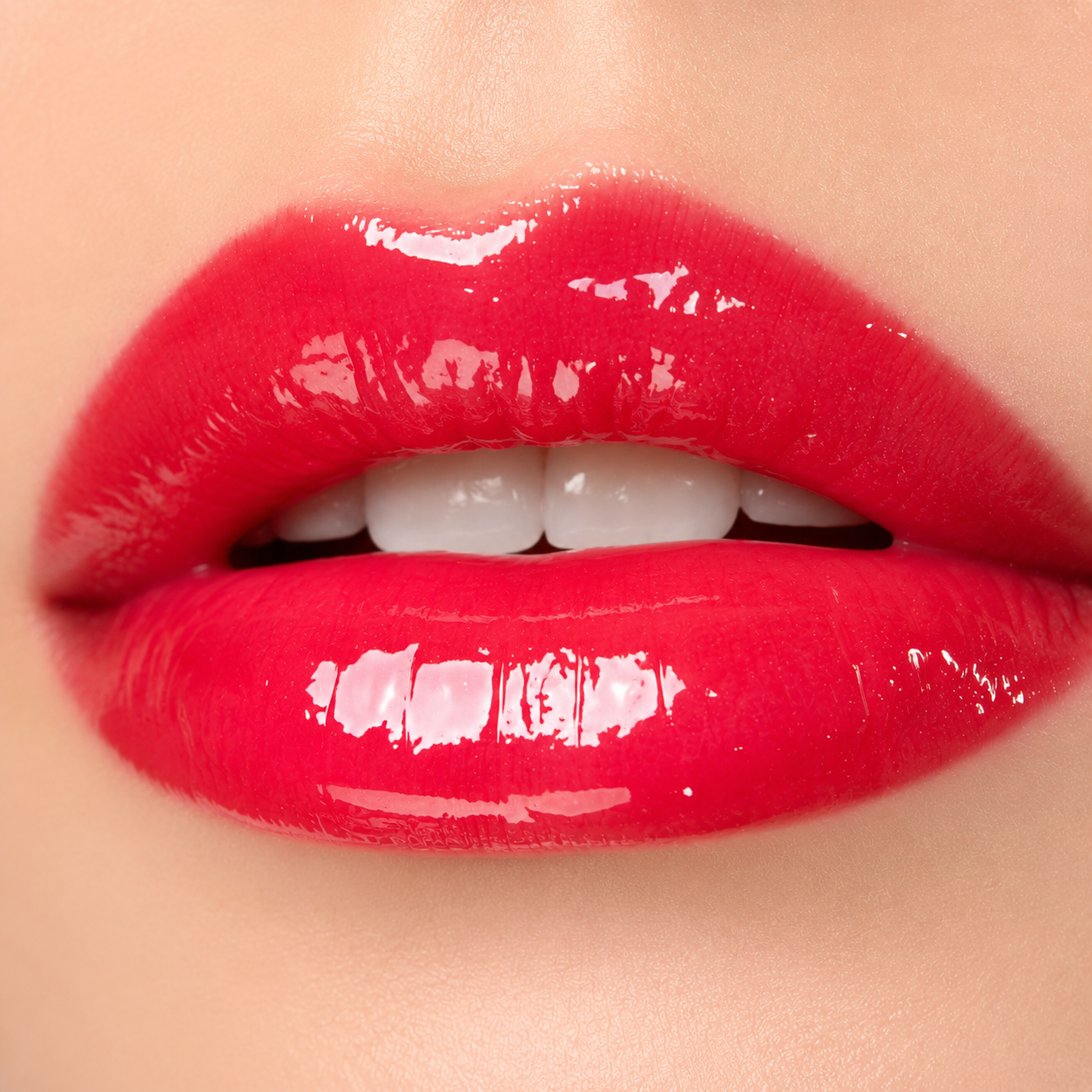 A close up view of full lips wearing Hello Biscuit Beauty Two Dozen Roses lip gloss, a vibrant true red shade with a high shine glossy finish