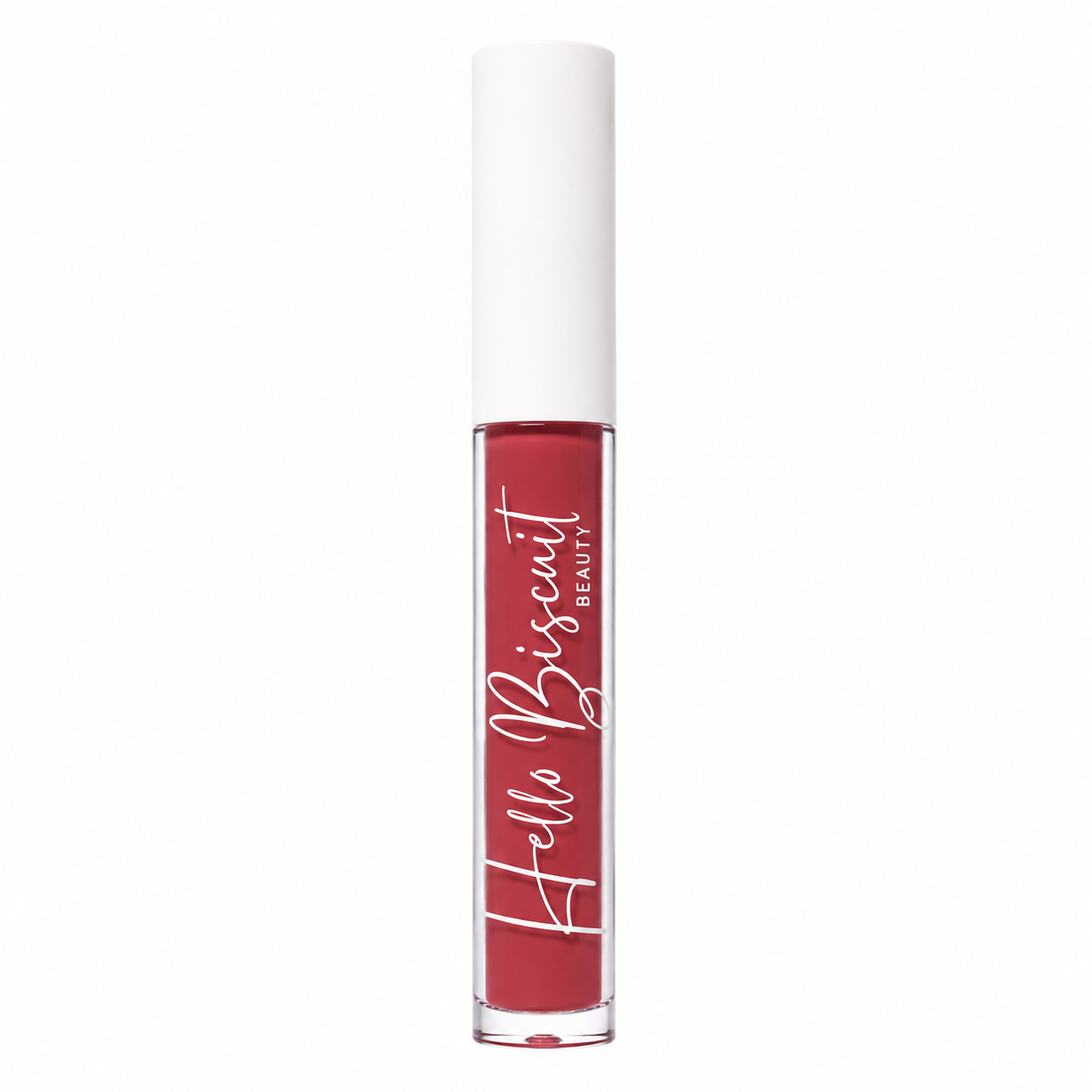 A standing clear tube of Hello Biscuit Beauty Watermelon Crawl Dark Pink Lip Gloss showcasing the vibrant dark pink formula and white script logo on a white background