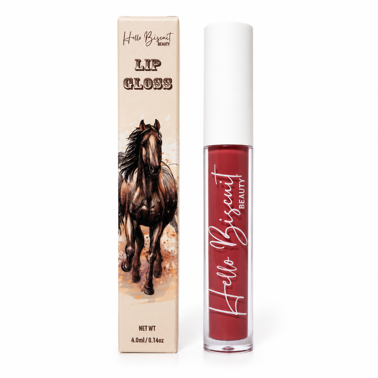 A clear tube of Hello Biscuit Beauty Watermelon Crawl Dark Pink Lip Gloss standing next to its custom packaging box featuring a detailed brown horse illustration on a white background