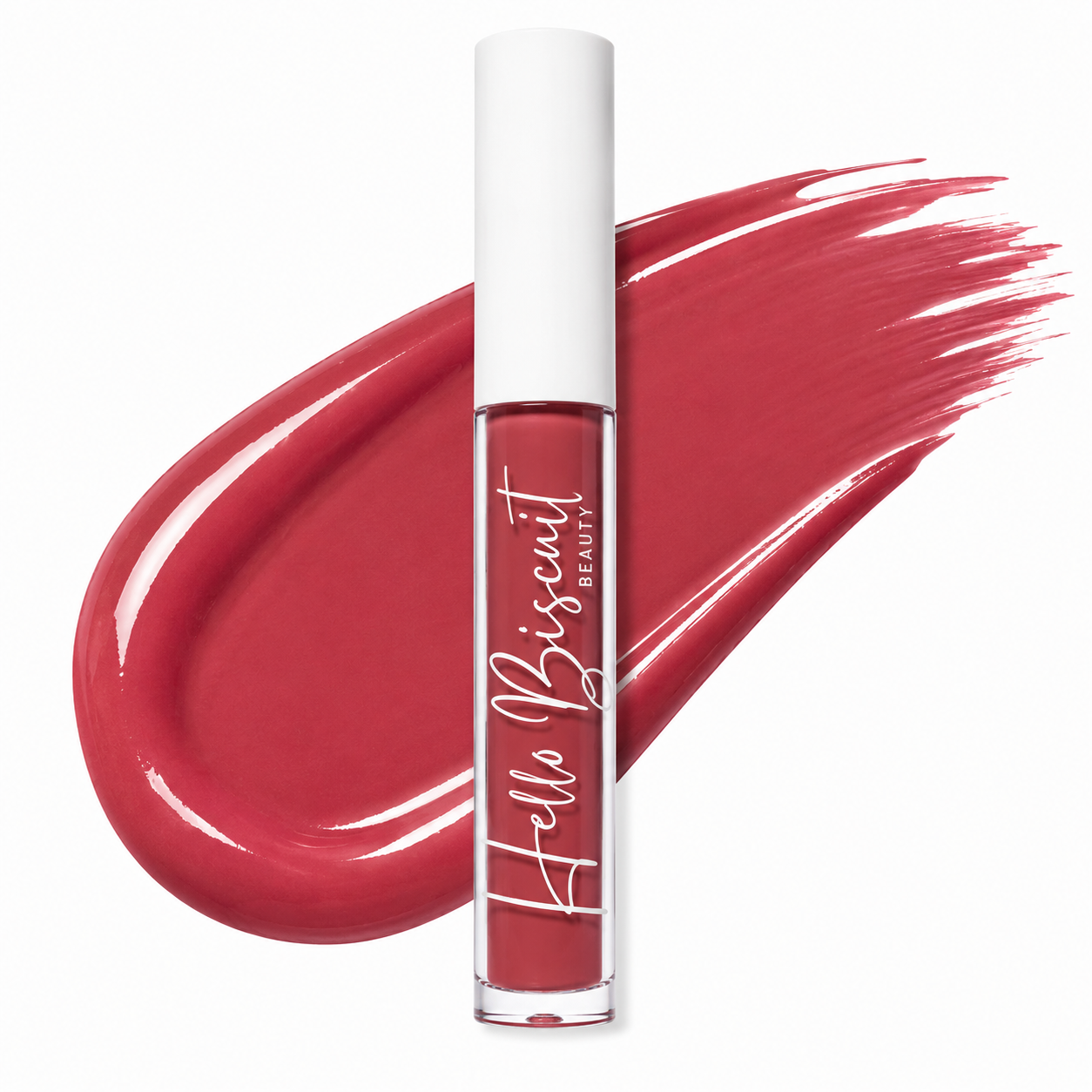 A standing clear tube of Hello Biscuit Beauty Watermelon Crawl Dark Pink Lip Gloss placed over a large thick and smooth dark pink liquid makeup swatch on a white background