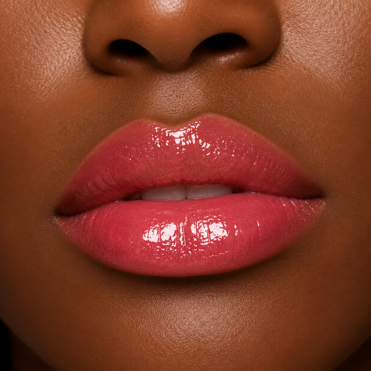 A detailed close up macro view of a model with a deep skin tone wearing the high shine Hello Biscuit Beauty Watermelon Crawl Lip Gloss