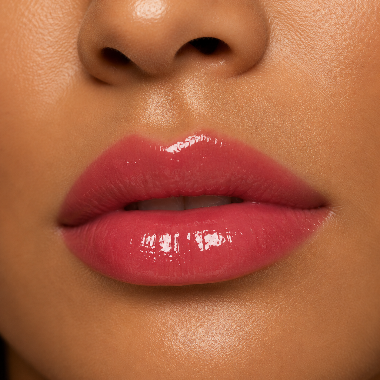 A detailed close up macro view of a model with a radiant medium skin tone wearing the high shine Hello Biscuit Beauty Watermelon Crawl Lip Gloss