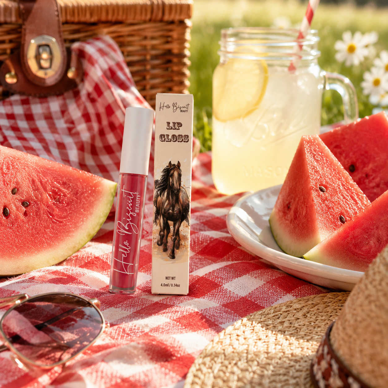 A clear tube of Hello Biscuit Beauty Watermelon Crawl Dark Pink Lip Gloss and custom horse packaging box styled on a red checkered picnic blanket next to fresh watermelon slices and lemonade